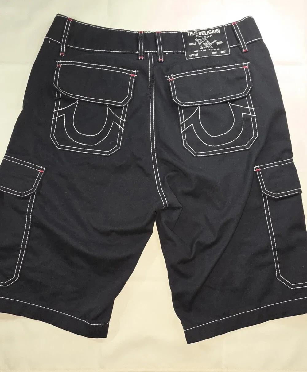 True Religion Men's Cargo Shorts Size 30  Black, White, And Red Stiching Sku 201